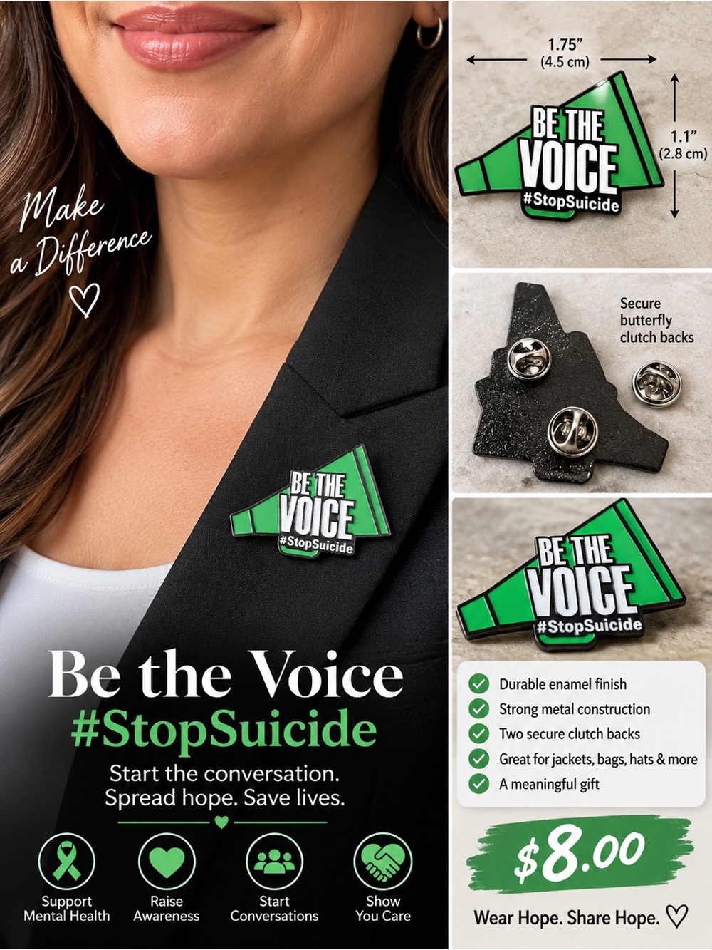 Be the Voice #StopSuicide Green Enamel Pin - Awareness Accessory